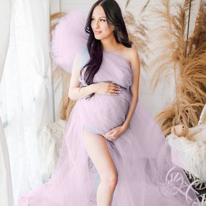 Cotton Candy Pastel pink tulle one sleeve maternity gown